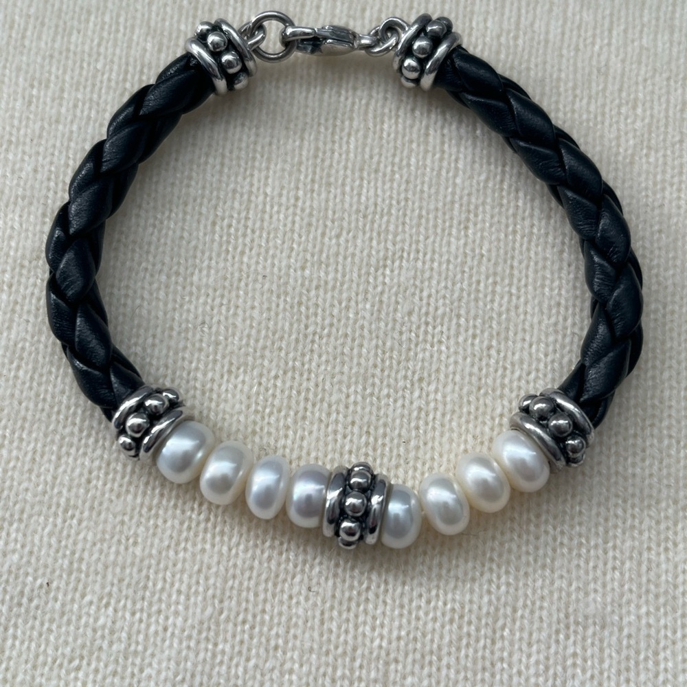 Sterling Silver EP & Cultured Pearl Braided Black Leather Bracelet